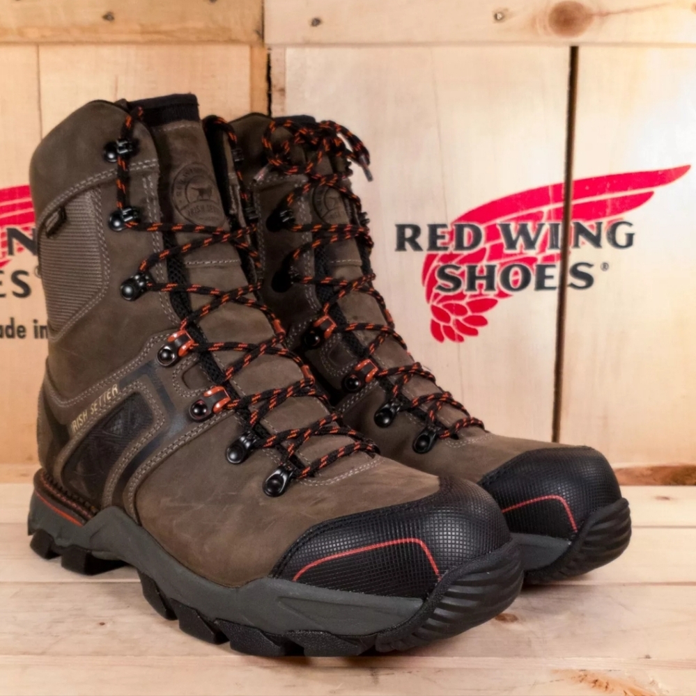 Red Wing Shoes Brown Work Boots with Black Toe and Orange Laces